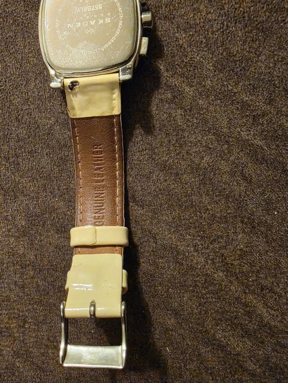 Skagen Cream Leather-Strap Square Chronograph Watch